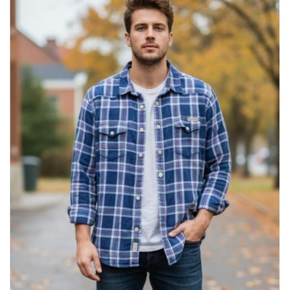 Lucky Brand Size L Western Blue Plaid Button Up Long Sleeve Shirt